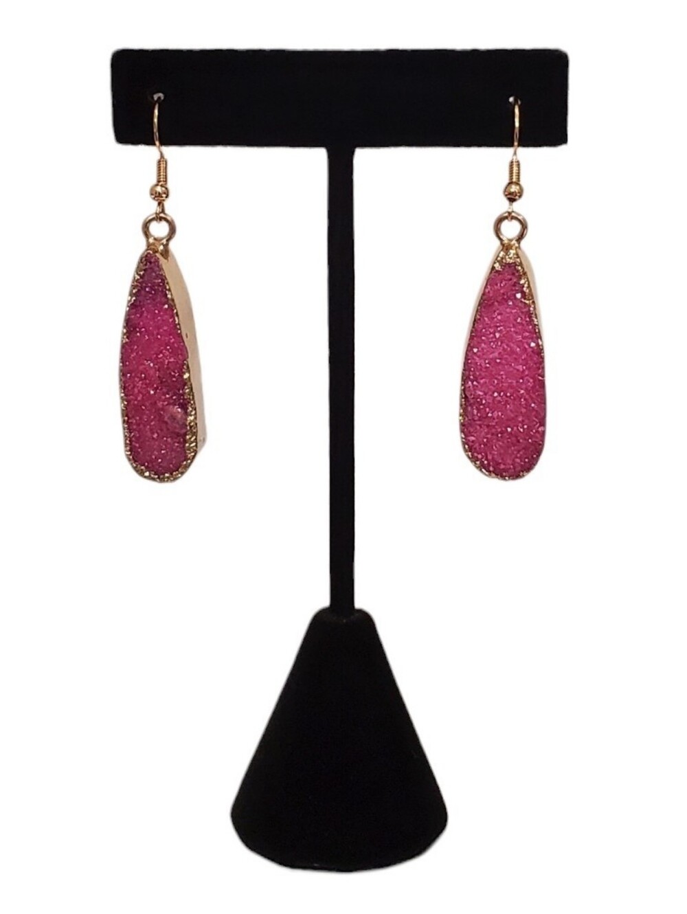 Estate Gold-Tone Hot Pink Druzy Quartz Teardrop Dangle Earrings
